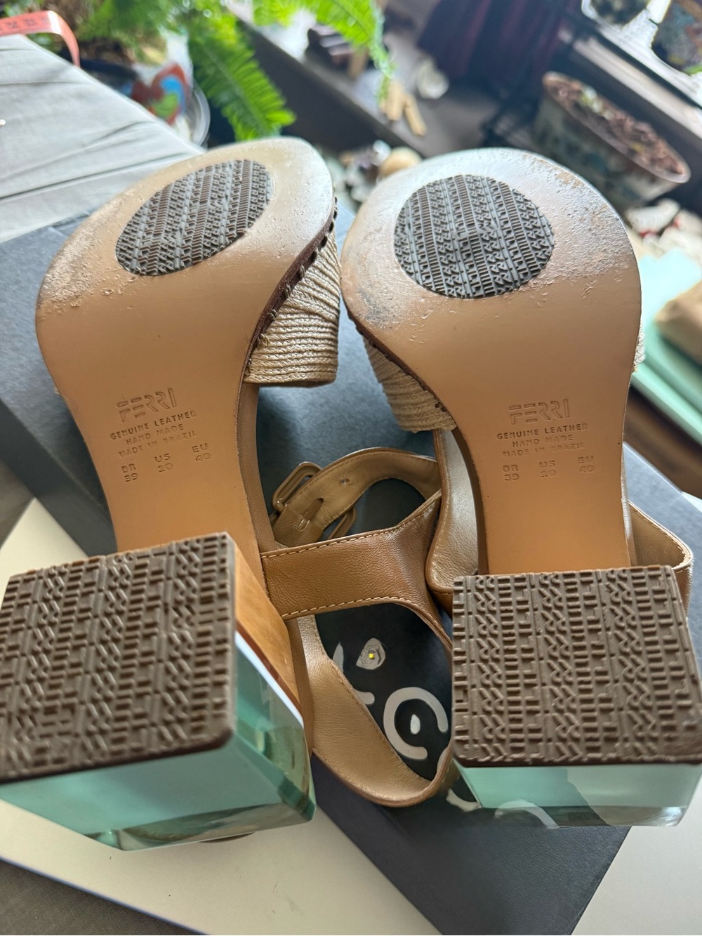 FERRI
Womens Tan Leather Slingback Sandals with Aqua Block Heel - Picture 9 of 11